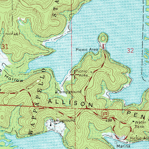 Topographic Map of Lake Wappapello State Park, MO