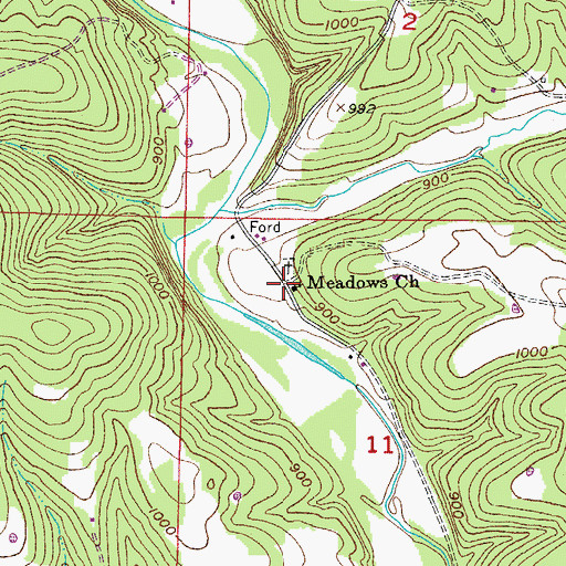 Topographic Map of Meadows Church, MO