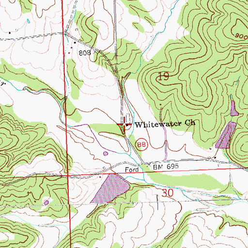 Topographic Map of Whitewater Church, MO