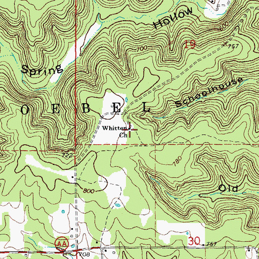 Topographic Map of Whitten Church, MO