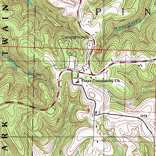 Topographic Map of Pines Community Church, MO