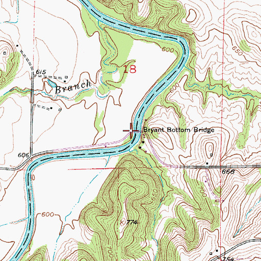 Topographic Map of Bryant Bottom Bridge, MO