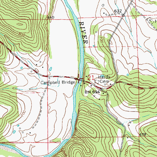 Topographic Map of Campbell Bridge, MO