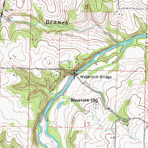 Topographic Map of Watermill Bridge, MO