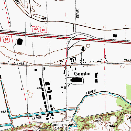 Topographic Map of Gumbo, MO