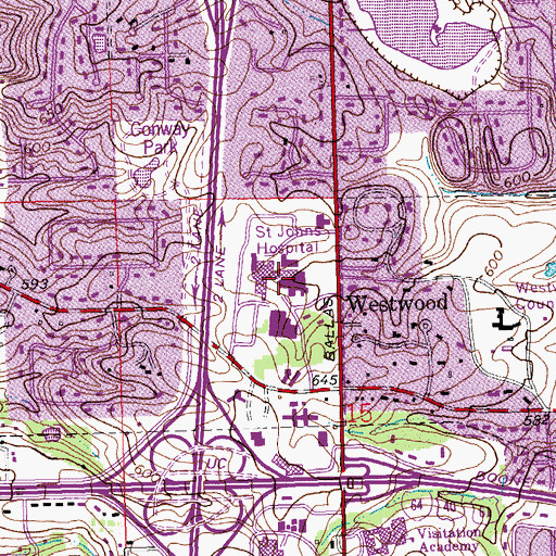 Topographic Map of Mercy Hospital Saint Louis, MO