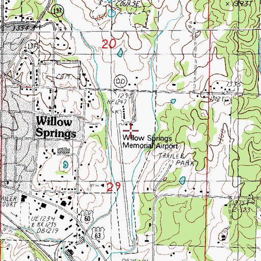 Topographic Map of Willow Springs Memorial Airport, MO
