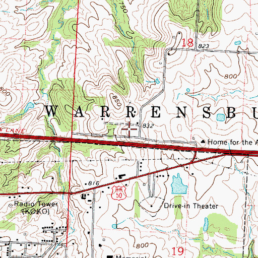 Topographic Map of KOKO-AM (Warrensburg), MO