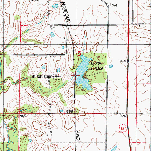 Topographic Map of Love Lake Dam, MO