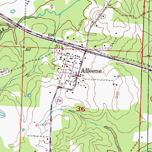 Topographic Map of Alleene, AR