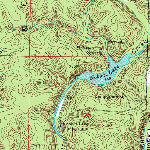 Topographic Map of Noblett Lake Dam, MO