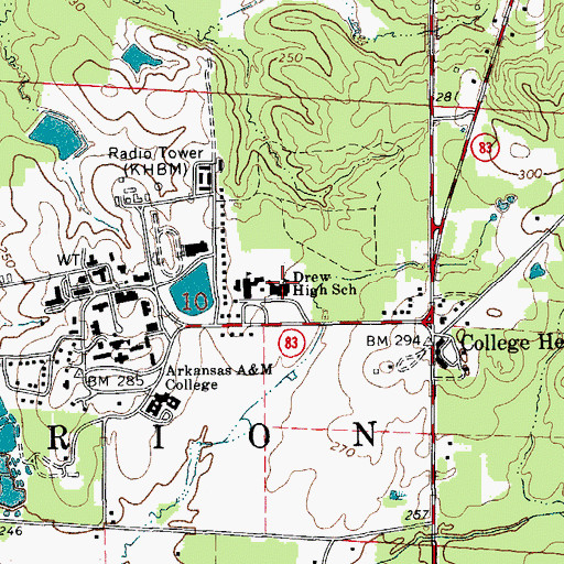 Topographic Map of Drew High School, AR
