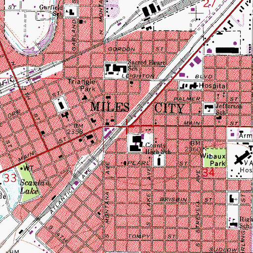 Topographic Map of Miles City, MT