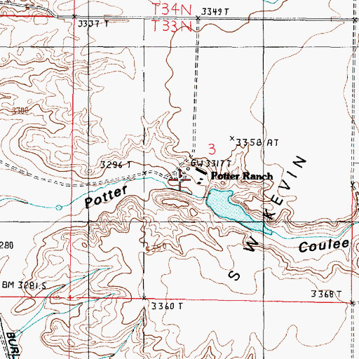 Topographic Map of Potter Ranch, MT
