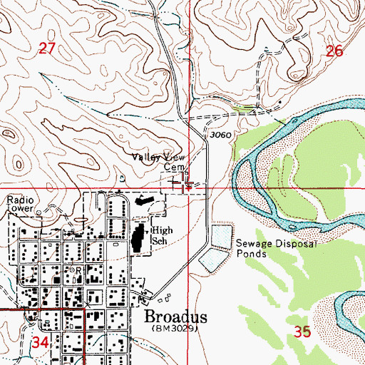 Topographic Map of Valley View Cemetery, MT