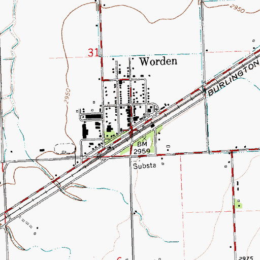 Topographic Map of Worden, MT