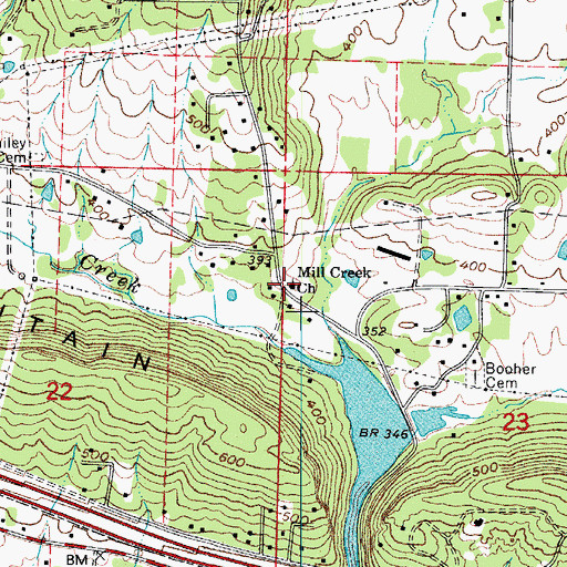 Topographic Map of Mill Creek Church of Christ, AR
