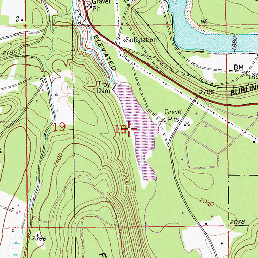 Topographic Map of Troy Dam Reservoir, MT