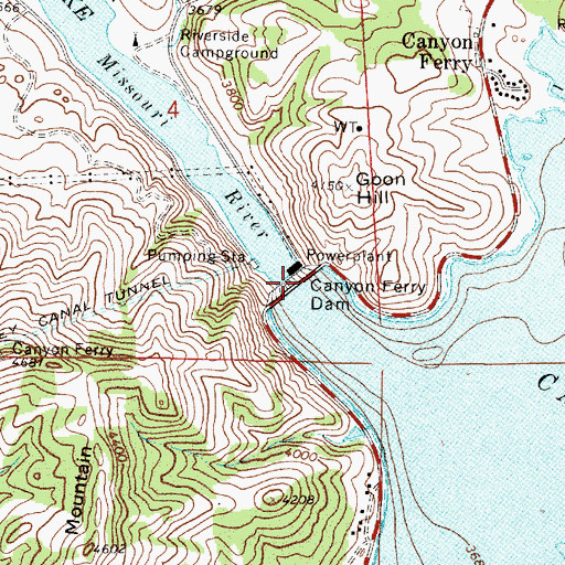 Topographic Map of Canyon Ferry Dam, MT