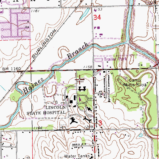 Topographic Map of Lincoln Regional Center, NE