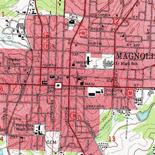 Topographic Map of Magnolia Post Office, AR