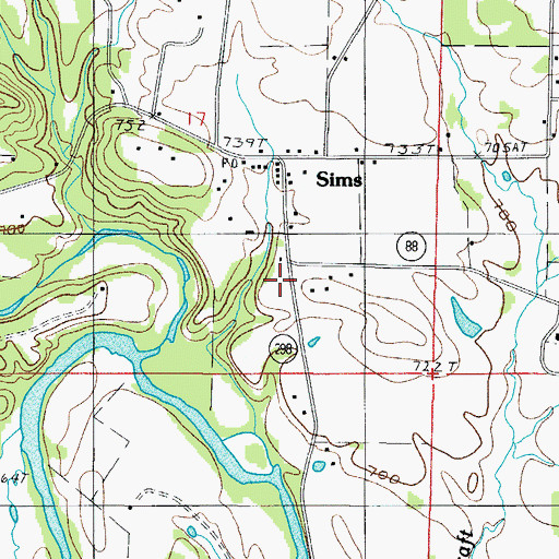 Topographic Map of Sims Post Office, AR