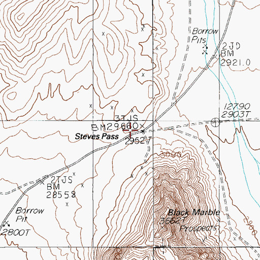 Topographic Map of Steves Pass, NV
