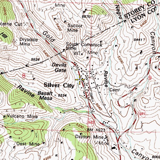 Topographic Map of Silver City Town Hall, NV