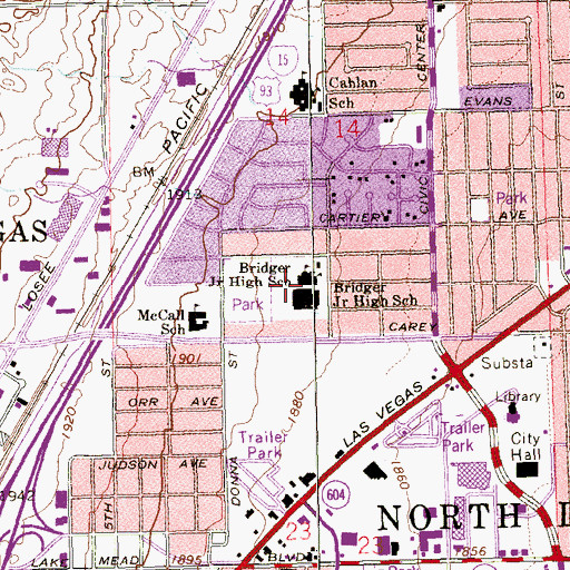 Topographic Map of Jim Bridger Middle School, NV