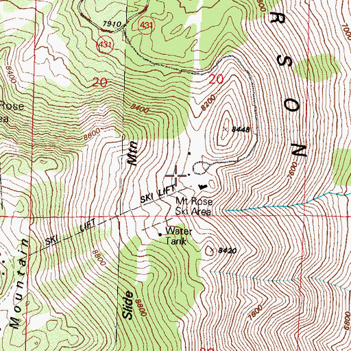 Topographic Map of Slide Mountain Ski Area, NV