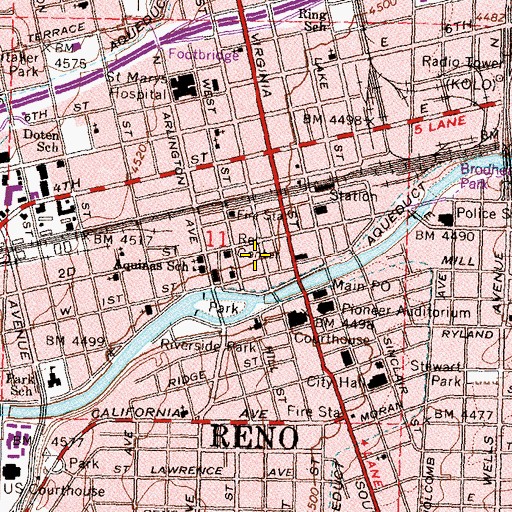 Topographic Map of Downtown Reno New Post Office, NV