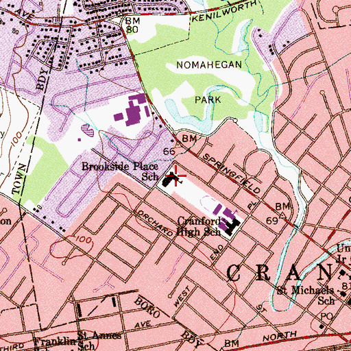 Topographic Map of Brookside Place Elementary School, NJ