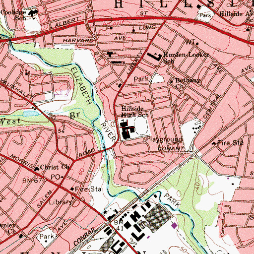 Topographic Map of Hillside High School, NJ