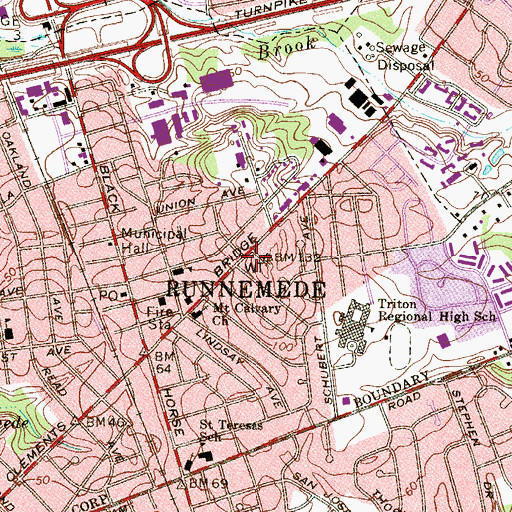 Topographic Map of Runnemede, NJ