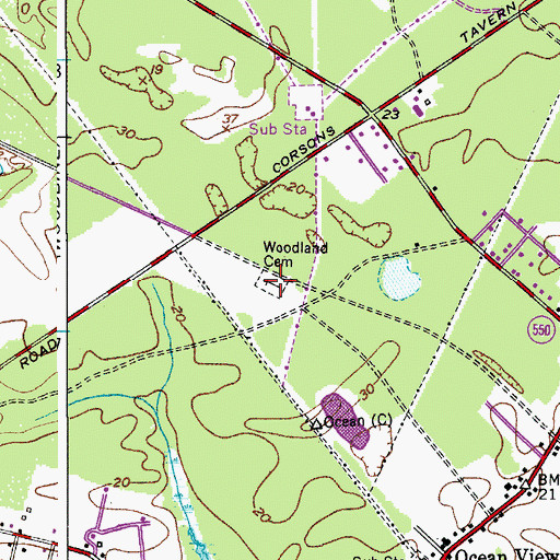 Topographic Map of Woodland Cemetery, NJ