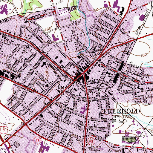 Topographic Map of Borough of Freehold, NJ