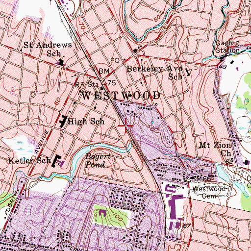 Topographic Map of Borough of Westwood, NJ