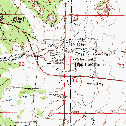 Topographic Map of Tres Piedras, NM