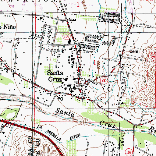 Topographic Map of Santa Cruz Plaza on the Camino Real Historical Marker, NM