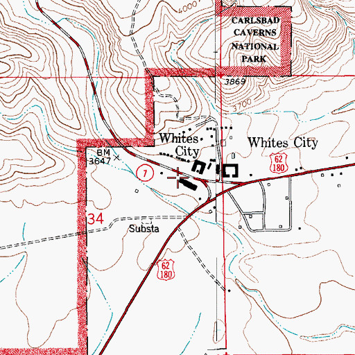 Topographic Map of Whites City Post Office, NM