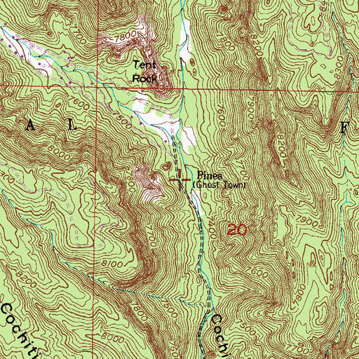 Topographic Map of Pines Post Office (historical), NM