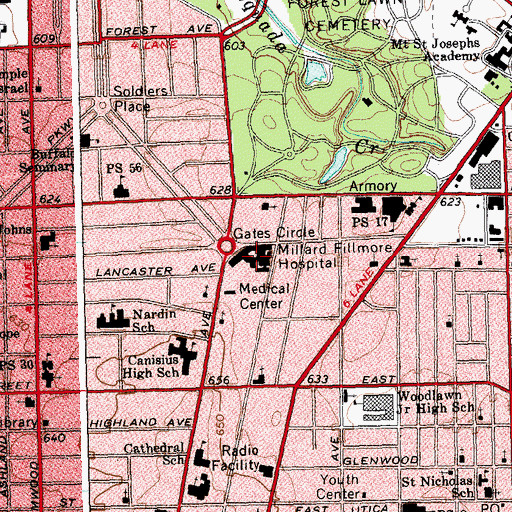 Topographic Map of Millard Fillmore Hospital (historical), NY