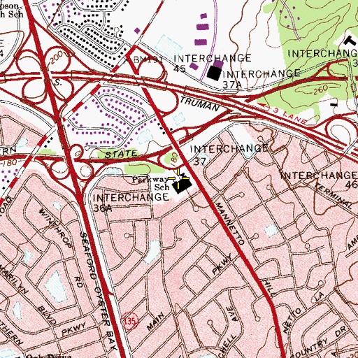 Topographic Map of Parkway School, NY