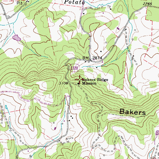 Topographic Map of Bakers Ridge Mission, NC