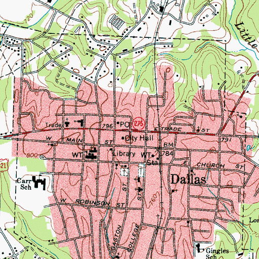Topographic Map of Dallas, NC