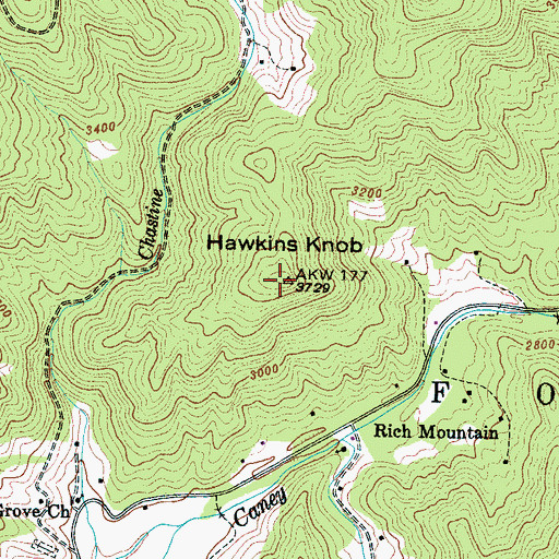 Topographic Map of Hawkins Knob, NC