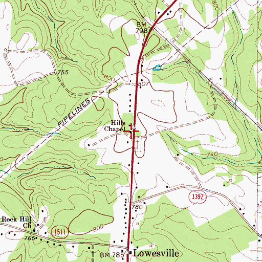 Topographic Map of Hills Chapel, NC