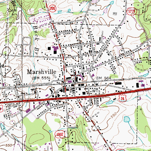 Topographic Map of Marshville, NC