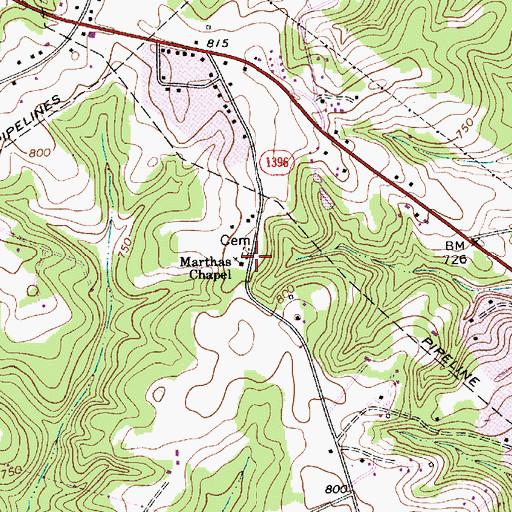 Topographic Map of Marthas Chapel, NC