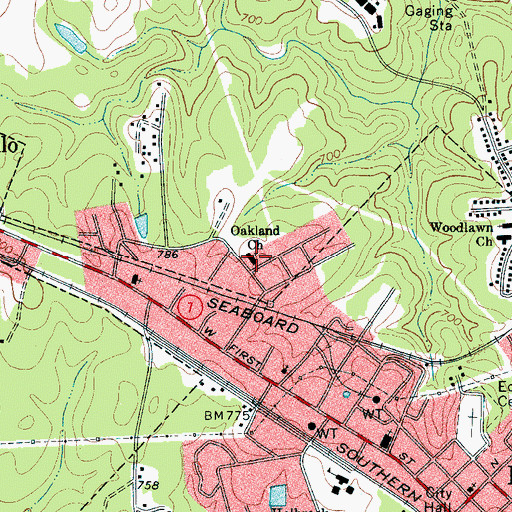 Topographic Map of Oakland Church, NC